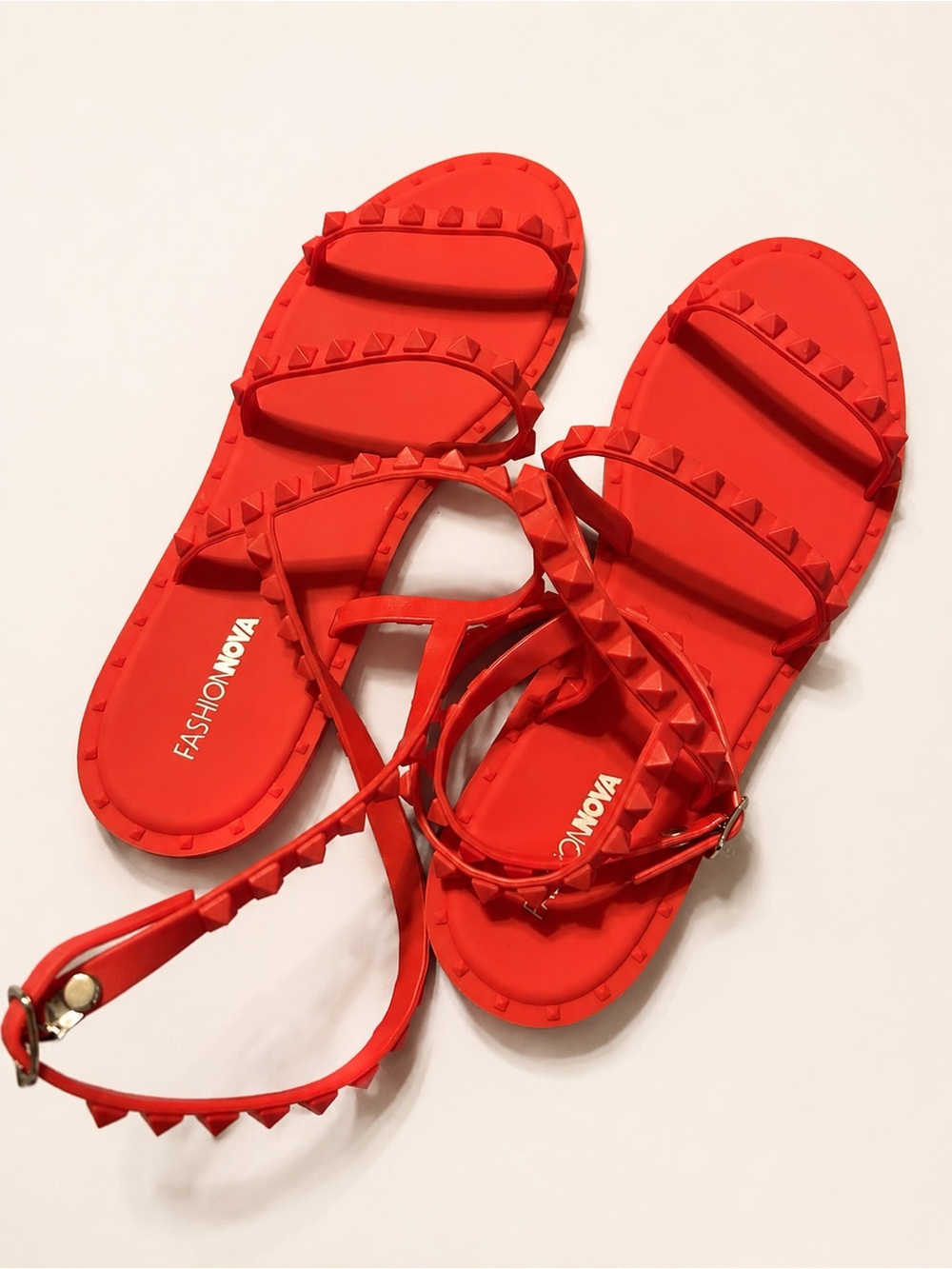 Fashion Nova Red Pyramid Stud Ankle Wrap Sandals